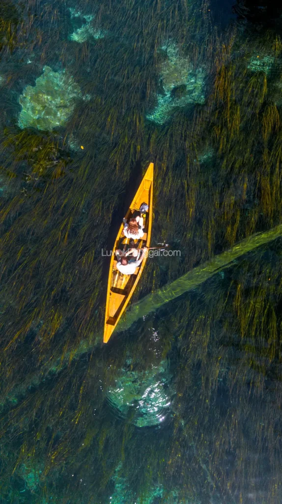 Sepasang kekasih dengan perahu di Danau dengan air jernih sampai terlihat tumbuhan bawah air