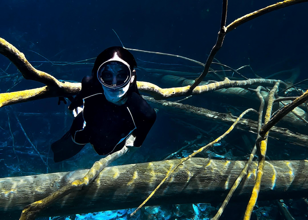 Snorkeler exploring Paisu Pok Lake underwater with visible fallen trees and submerged logs in crystal clear water of Banggai Islands Sulawesi