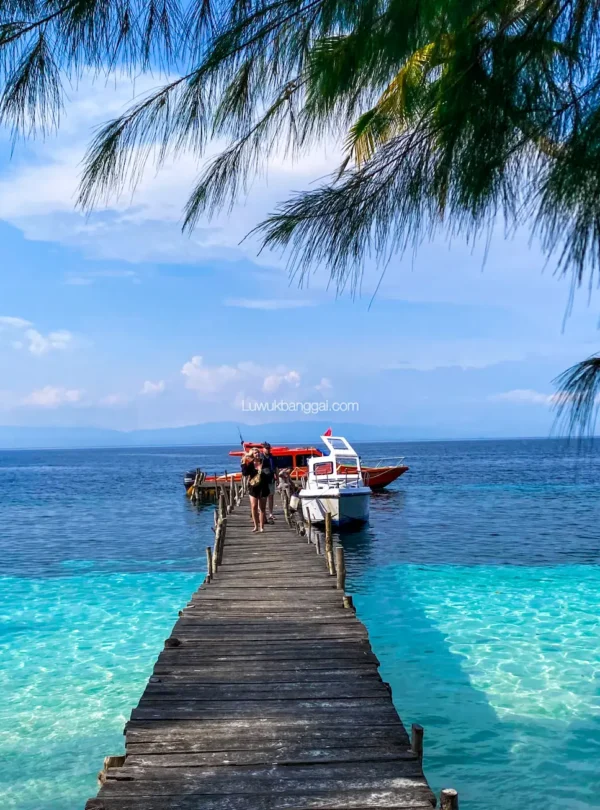Pelabuhan kayu pantai puganda dengan air biru toska