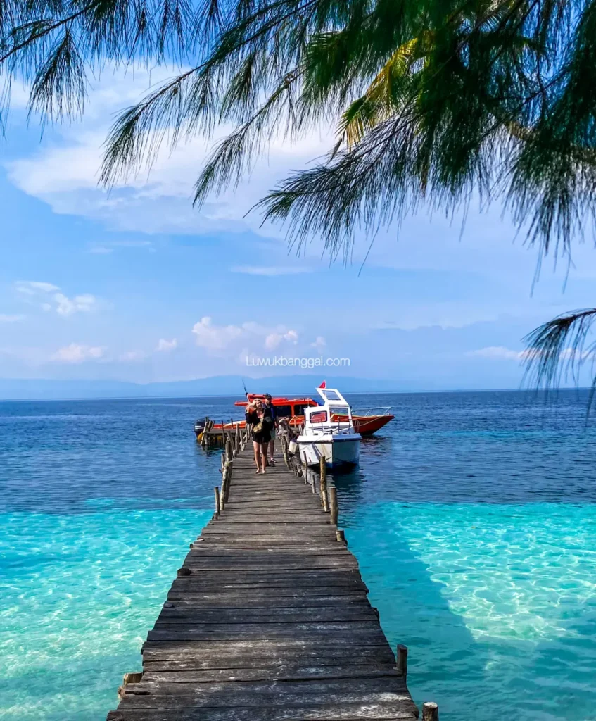Pelabuhan kayu pantai puganda dengan air biru toska