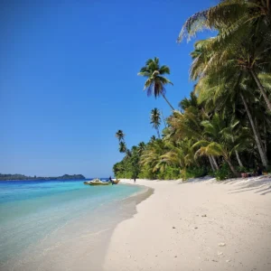 Palm-lined white-sand beach with clear turquoise water in the Banggai Islands