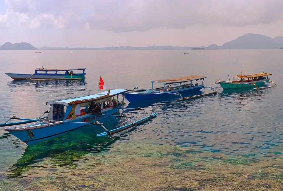 Bateaux en bois amarrés au-dessus d’une eau limpide sur le récif de Karang Atol, îles Togian