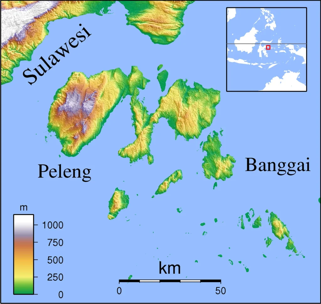 Topographic map of the Banggai Islands off the east arm of Sulawesi